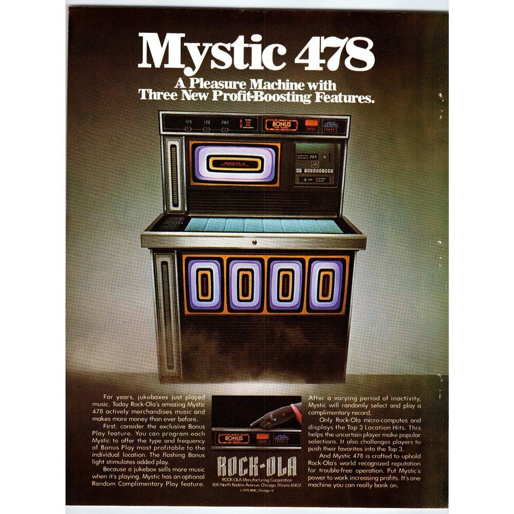 1978 Rock-Ola Mystic 478 Jukebox Vintage Advertising Flyer